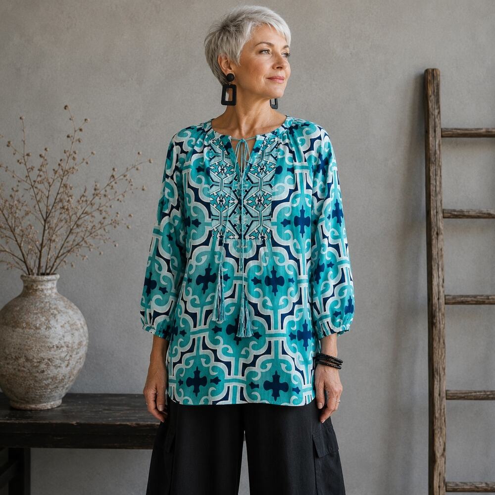 Annie Griffin Navy Green White Silk Long Sleeve Pop Over Top Medium